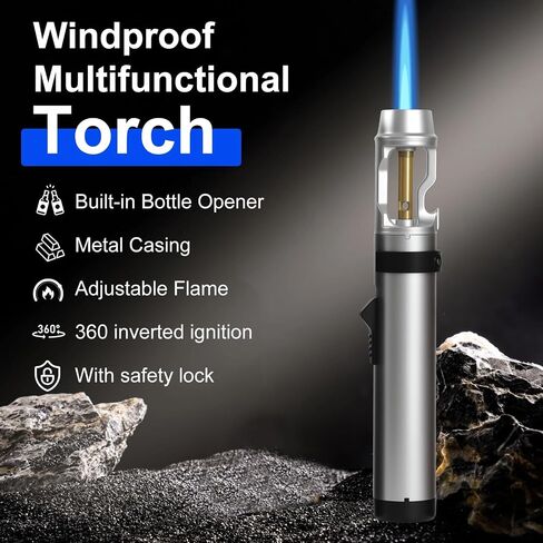 Torch Lighter with Bottle Opener，2025 Lux Blzae Lighter，Outdoor Windproof Adjustable Butane Inflatable with Safety Lock for Campfires, BBQ, Baking, Camping, Gift(Silver) in Kuwait