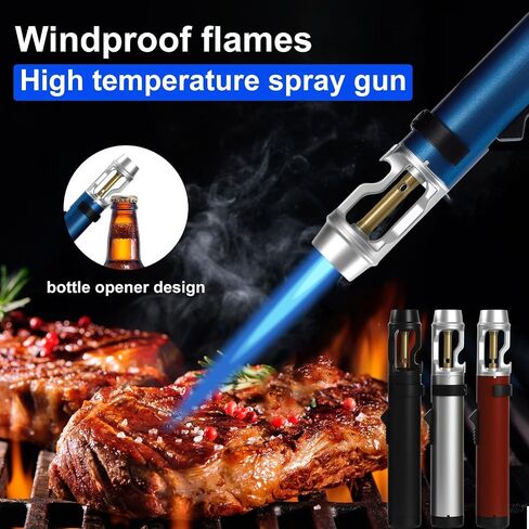 Torch Lighter with Bottle Opener，2025 Lux Blzae Lighter，Outdoor Windproof Adjustable Butane Inflatable with Safety Lock for Campfires, BBQ, Baking, Camping, Gift(Silver) in Kuwait