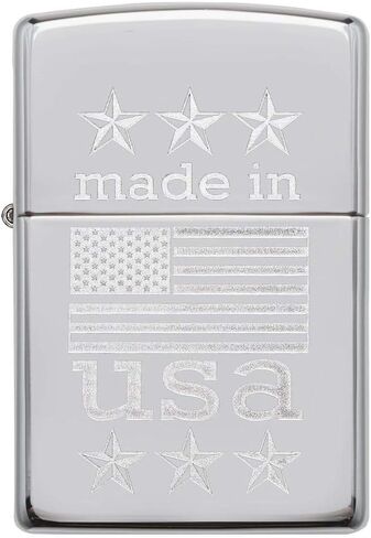 Zippo Made in USA with Flag Pocket Lighter, High Polish Chrome, One Size in Kuwait