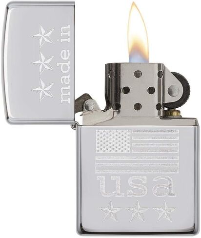 Zippo Made in USA with Flag Pocket Lighter, High Polish Chrome, One Size in Kuwait