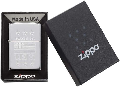 Zippo Made in USA with Flag Pocket Lighter, High Polish Chrome, One Size in Kuwait