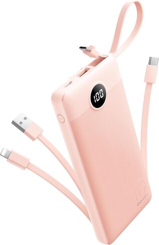 شاحن محمول مع كابلات مدمجة، بنك طاقة نحيف 10000 مللي أمبير في الساعة مع USB C، حزمة بطارية خارجية من Travel Essentials 5 مخارج ومدخلين شاشة LED متوافقة مع iPhone/Android والمزيد (أسود) in Kuwait