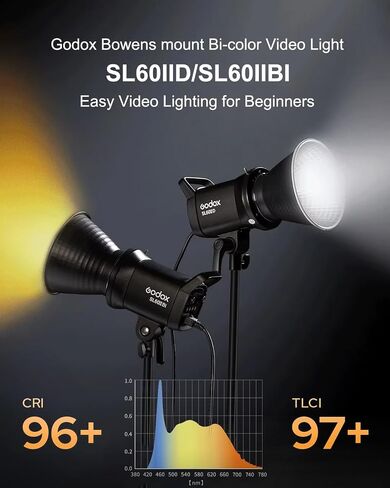 Godox SL60IIBi 75W Bi-Color LED Video Light, 2800K–5600K, 25100Lux@1M, Bowens Mount COB Studio Light with, App & Remote Control, CRI 96/TLCI 97, 100-240V in Saudi Arabia