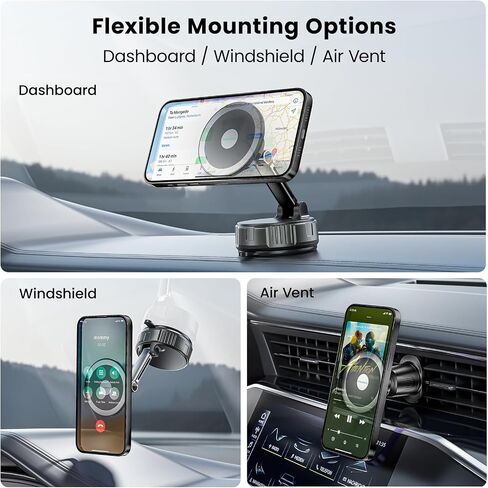 2-in-1 Strong Magnetic Suction Cup Car Phone Holder with Air Vent Hook, Rotatable Hands-Free Phone Mount for Dashboard and Windshield for Navigation, Compatible with iPhone & Android Phones in Saudi Arabia