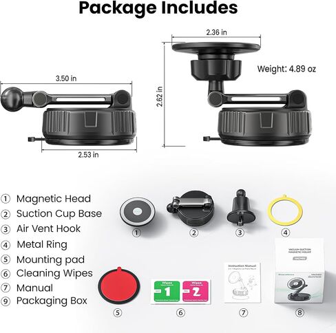 2-in-1 Strong Magnetic Suction Cup Car Phone Holder with Air Vent Hook, Rotatable Hands-Free Phone Mount for Dashboard and Windshield for Navigation, Compatible with iPhone & Android Phones in Saudi Arabia