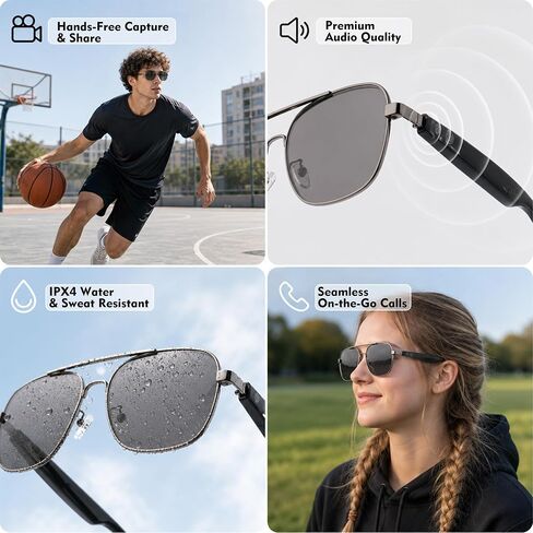 Stainless Steel Smart Audio Glasses with 6-8 Hour Battery, IPX4 Water Resistant Open-Ear Speakers, 1.2-Hour Magnetic Charging, Metal Frame Eyewear in Kuwait
