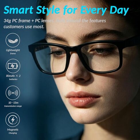 AI Smart Glasses with Open-Ear Audio, Answer Phone Calls, 10-Hour Playback, IP64 Waterproof Smart Eyewear with Blue Light Blocking Lense in Kuwait