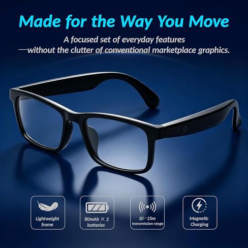 AI Smart Glasses with Open-Ear Audio, Answer Phone Calls, 10-Hour Playback, IP64 Waterproof Smart Eyewear with Blue Light Blocking Lense in Kuwait