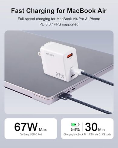 DERLULU 67W USB-C Charger for MacBook Air 13/15", GaN Fast Charging Adapter with Magnetic Cable 5ft (1.5m), 2C1A Compact for MacBook, iPad, iPhone in Saudi Arabia