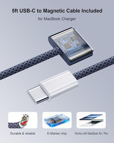 DERLULU 67W USB-C Charger for MacBook Air 13/15", GaN Fast Charging Adapter with Magnetic Cable 5ft (1.5m), 2C1A Compact for MacBook, iPad, iPhone in Saudi Arabia