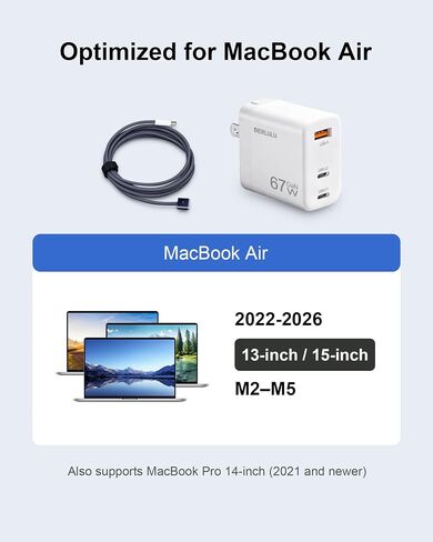 DERLULU 67W USB-C Charger for MacBook Air 13/15", GaN Fast Charging Adapter with Magnetic Cable 5ft (1.5m), 2C1A Compact for MacBook, iPad, iPhone in Saudi Arabia