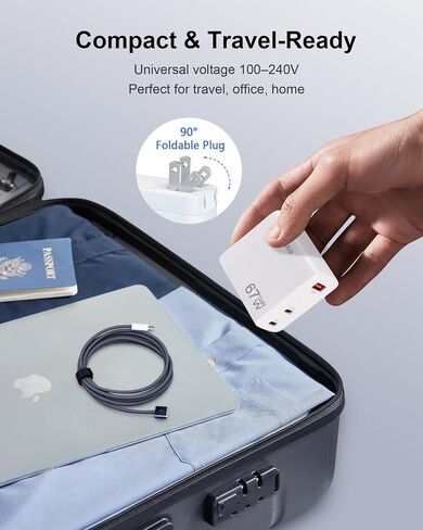 DERLULU 67W USB-C Charger for MacBook Air 13/15", GaN Fast Charging Adapter with Magnetic Cable 5ft (1.5m), 2C1A Compact for MacBook, iPad, iPhone in Saudi Arabia