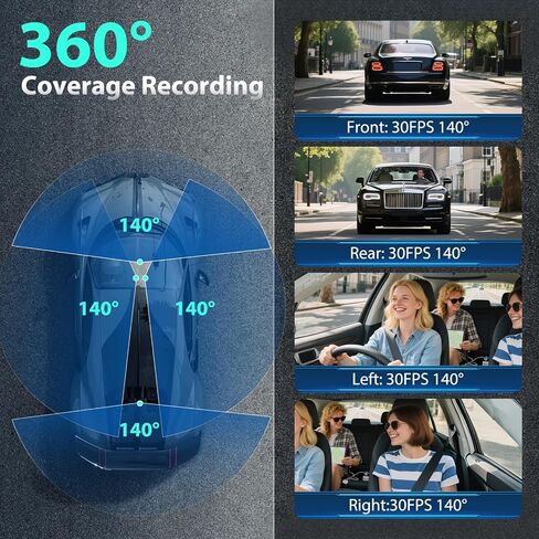 Dash Cam 4 Channel 360° Coverage - Front 4K + Triple 1080P HD Car Camera Built-in WiFi Car Camera with App, G-Sensor/Night Vision/Parking Mode/Loop Recording Free 64GB SD Card in Kuwait