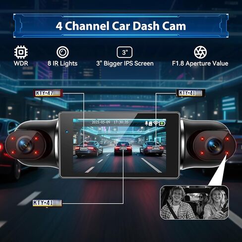 Dash Cam 4 Channel 360° Coverage - Front 4K + Triple 1080P HD Car Camera Built-in WiFi Car Camera with App, G-Sensor/Night Vision/Parking Mode/Loop Recording Free 64GB SD Card in Kuwait