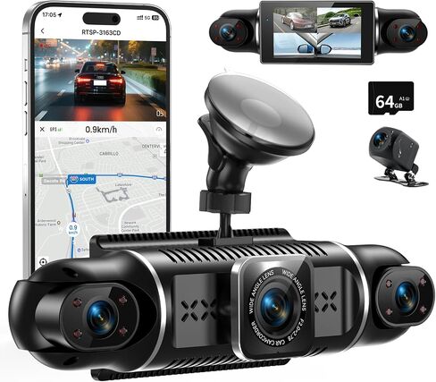 Dash Cam 4 Channel 360° Coverage - Front 4K + Triple 1080P HD Car Camera Built-in WiFi Car Camera with App, G-Sensor/Night Vision/Parking Mode/Loop Recording Free 64GB SD Card in Kuwait