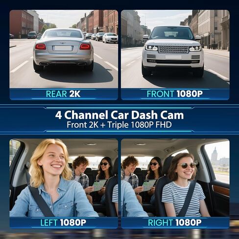 Dash Cam 4 Channel 360° Coverage - Front 4K + Triple 1080P HD Car Camera Built-in WiFi Car Camera with App, G-Sensor/Night Vision/Parking Mode/Loop Recording Free 64GB SD Card in Kuwait