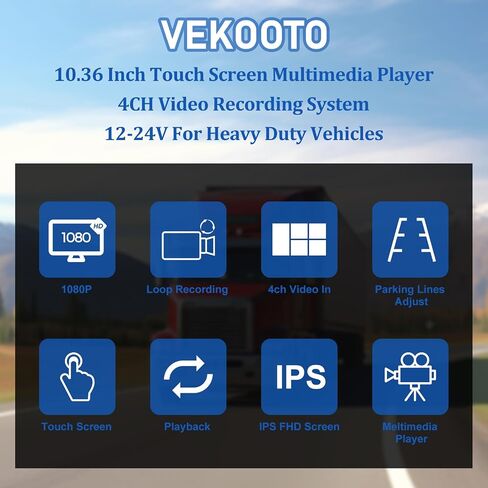 VEKOOTO Truck Camera System, 4CH Backup Camera with 10.36'' Touch Screen, Waterproof 4 AHD Rear Side View Camera, for Truck/Semi-Trailer/Camper/RV/Bus in Kuwait