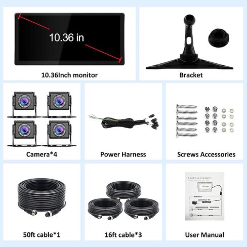 VEKOOTO Truck Camera System, 4CH Backup Camera with 10.36'' Touch Screen, Waterproof 4 AHD Rear Side View Camera, for Truck/Semi-Trailer/Camper/RV/Bus in Kuwait