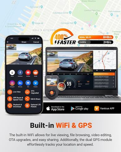 Vantrue S1 Pro AI Dash Cam Front and Rear, Dual 1440P Dash Camera w/2.7K, STARVIS 2, HDR Night Vision, 5G WiFi, 60FPS, GPS, Voice Control,24/7 Parking Mode, Support 512GB Max (Renewed) in Kuwait