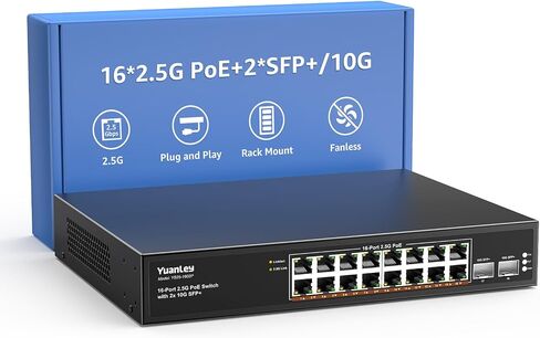 YuanLey 8 Port 10G PoE Switch Unmanaged, 8 x 10G Base-T PoE Ports, IEEE802.3af/at, 110W Built-in Power, Compatible with 1G/2.5G/5G/10G, Metal Case, Rackmount/Wall Mount 10Gbe Network Switch in Kuwait