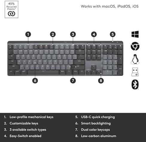 Logitech MX Mechanical Mini Bluetooth Keyboard, Tactile Quiet Switches, Backlit, Multi-Device, Carbon Neutral (Renewed) in Kuwait