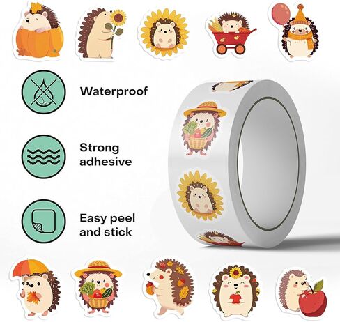 500PCS Fall Stickers Roll 10 Styles Autumn Hedgehog Party Favors Vinyl Stickers in Kuwait