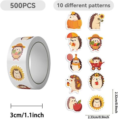 500PCS Fall Stickers Roll 10 Styles Autumn Hedgehog Party Favors Vinyl Stickers in Kuwait