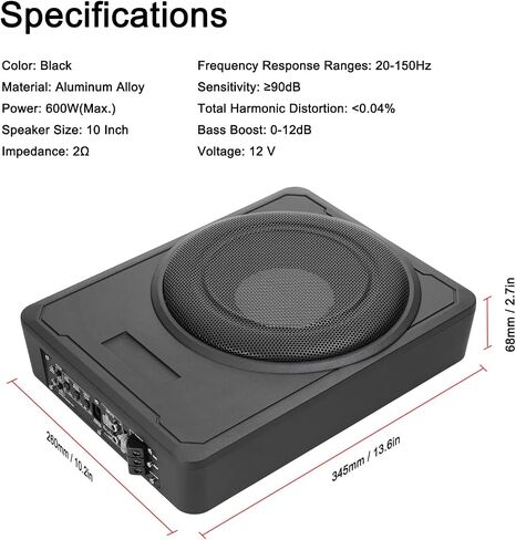 Shkalacar Under Seat Powered Car Subwoofer, Car/Truck Audio Sub Built in Amplifier, 10 Inch 600W Pure Bass High Power Amplifiers Speaker 12 V for Car Truck RV in Saudi Arabia
