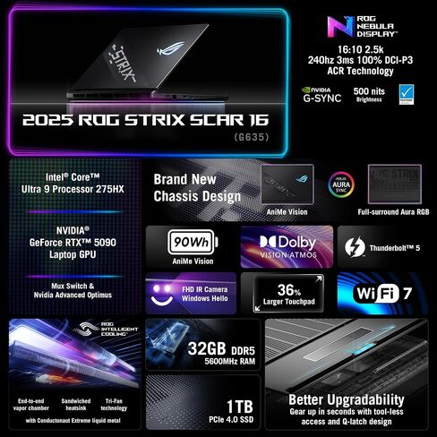 ASUS ROG Strix Scar 16 (2025) Gaming Laptop, 16" ROG Nebula HDR 16:10 2.5K 240Hz/3ms, NVIDIA GeForce RTX 5090, Intel Core Ultra 9 Processor 275HX, 32GB DDR5, 1TB SSD, Wi-Fi 7, Win11 Home, G635LX-DS96 in Saudi Arabia