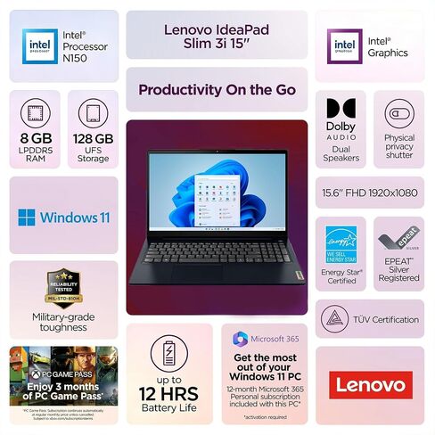 Lenovo IdeaPad Slim 3i • 15.6" FHD Laptop with Microsoft 365 Included • Intel N150 • 8GB DDR5RAM • 128GB SSD • Windows 11 in Kuwait