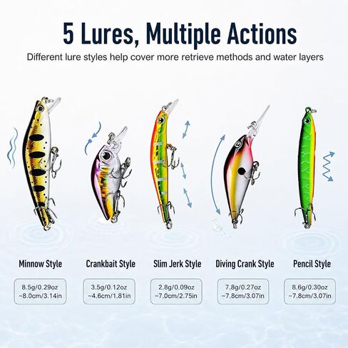 5 Pack Mini Fishing Lures Kit, Assorted Small Hard Baits with Treble Hooks for Trout Crappie Panfish Perch Small Bass, Freshwater Lures for Creeks Ponds and Streams in Kuwait