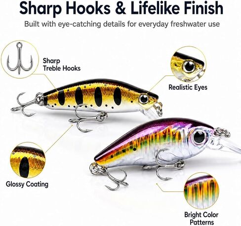 5 Pack Mini Fishing Lures Kit, Assorted Small Hard Baits with Treble Hooks for Trout Crappie Panfish Perch Small Bass, Freshwater Lures for Creeks Ponds and Streams in Kuwait