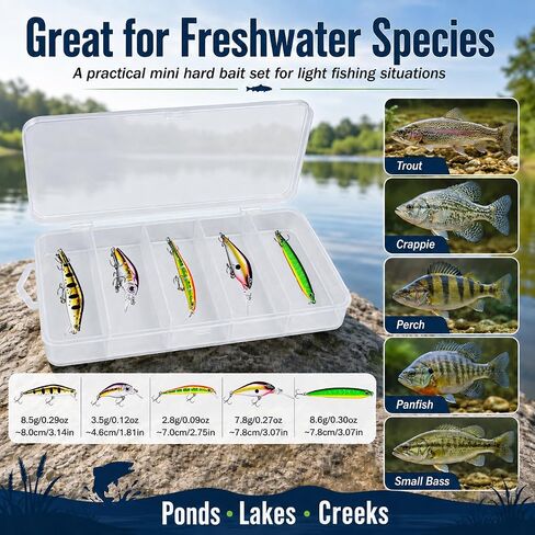 5 Pack Mini Fishing Lures Kit, Assorted Small Hard Baits with Treble Hooks for Trout Crappie Panfish Perch Small Bass, Freshwater Lures for Creeks Ponds and Streams in Kuwait