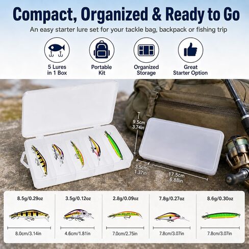 5 Pack Mini Fishing Lures Kit, Assorted Small Hard Baits with Treble Hooks for Trout Crappie Panfish Perch Small Bass, Freshwater Lures for Creeks Ponds and Streams in Kuwait