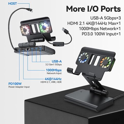 ELUTENG 6-in-1 Steam Deck Docking Station Dual 6000RPM Cooling Fans PD100W HDMI 2.1 4K@144Hz HDR 10-Bit USB 3.1 Gen1 x3 Gigabit Ethernet Gaming Cooling Dock Hub for ROG Ally/MSI Claw/Switch 2 in Kuwait