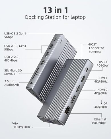Docking Station, USB C Docking Station(13-in-1) Support Dual/Triple Display with Dual HDMI, DP, VGA, 100W PD, Gigabit Ethernet, 4USB, SD/TF Card Reader, 3.5mm Audio Multi-Port for Laptop and More in Kuwait
