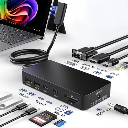 Surface Docking Station, 11-in-1 Triple Display (Surface +4K HDMI +VGA), USB-C/USB-A/SD/TF/Ethernet, Compatible with Surface Pro 11/10/9/8/X/7/6/5/4/3, Laptop, Book Go, Black in Kuwait