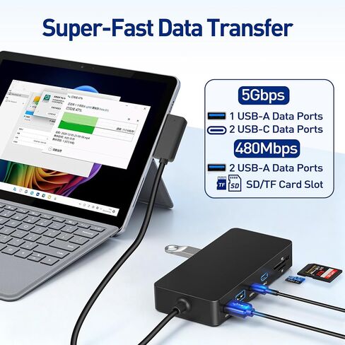 Surface Docking Station, 11-in-1 Triple Display (Surface +4K HDMI +VGA), USB-C/USB-A/SD/TF/Ethernet, Compatible with Surface Pro 11/10/9/8/X/7/6/5/4/3, Laptop, Book Go, Black in Kuwait