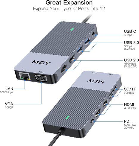 Docking Station, MCY 12 in 1 Triple Display Laptop USB C Docking Station Dual Monitor USB Type C Hub with Dual HDMI VGA Adapter, Compatible with MacBook, XPS, Dell, USB C Dock, UCN3442 in Kuwait