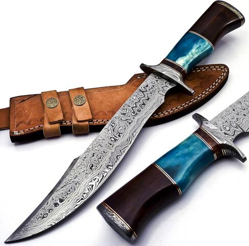 Nooraki BK-41 Handmade Damascus Steel 15 Inches Bowie Knife - Solid Marindi Wood Bone & Bull Horn Handle With Hand Stitches Leather Sheath (Blue/Brown) in Kuwait
