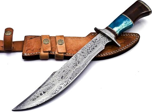 Nooraki BK-41 Handmade Damascus Steel 15 Inches Bowie Knife - Solid Marindi Wood Bone & Bull Horn Handle With Hand Stitches Leather Sheath (Blue/Brown) in Kuwait