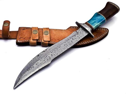Nooraki BK-41 Handmade Damascus Steel 15 Inches Bowie Knife - Solid Marindi Wood Bone & Bull Horn Handle With Hand Stitches Leather Sheath (Blue/Brown) in Kuwait