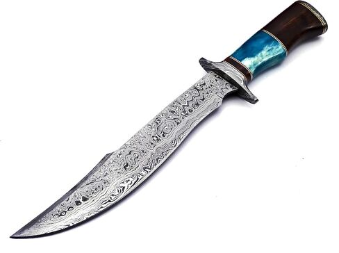 Nooraki BK-41 Handmade Damascus Steel 15 Inches Bowie Knife - Solid Marindi Wood Bone & Bull Horn Handle With Hand Stitches Leather Sheath (Blue/Brown) in Kuwait