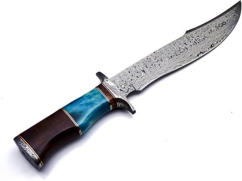 Nooraki BK-41 Handmade Damascus Steel 15 Inches Bowie Knife - Solid Marindi Wood Bone & Bull Horn Handle With Hand Stitches Leather Sheath (Blue/Brown) in Kuwait