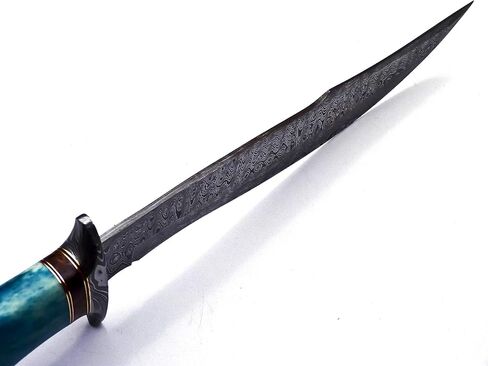 Nooraki BK-41 Handmade Damascus Steel 15 Inches Bowie Knife - Solid Marindi Wood Bone & Bull Horn Handle With Hand Stitches Leather Sheath (Blue/Brown) in Kuwait