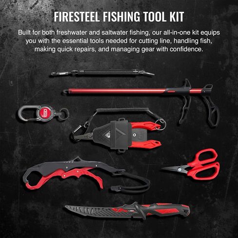 EGO FireSteel Fishing Tool Kit, 7 Pc Pro Angler Set with Pliers, Fillet Knife, Hook Remover, Line Scissors, Vice Grip Tool, Sheath & Lanyard, Freshwater & Saltwater Fishing Gear in Kuwait