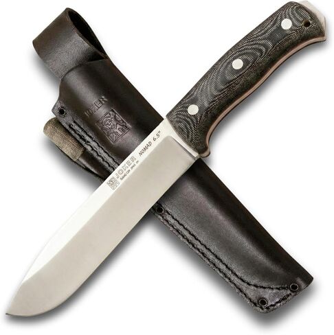 Joker Nomad 6.5 CM137-P Survival Knife, 6.5 in Böhler N695 Blade, Black Micarta Handle, Leather Sheath with Ferro Rod, Made in Spain, for backcountry travel, camp chores, fishing trips and bushcraft in Kuwait