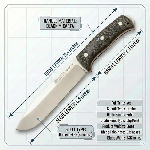 Joker Nomad 6.5 CM137-P Survival Knife, 6.5 in Böhler N695 Blade, Black Micarta Handle, Leather Sheath with Ferro Rod, Made in Spain, for backcountry travel, camp chores, fishing trips and bushcraft in Kuwait