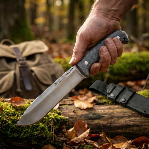 Joker Nomad 6.5 CM137-P Survival Knife, 6.5 in Böhler N695 Blade, Black Micarta Handle, Leather Sheath with Ferro Rod, Made in Spain, for backcountry travel, camp chores, fishing trips and bushcraft in Kuwait