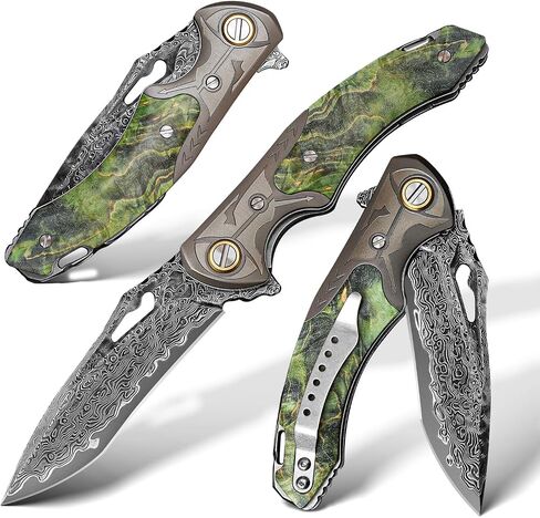VG10 Damascus Steel Folding Knife, Stable Wood with Leather cover and pocket clip, Outdoor Survival Knife Portable EDC Camping, can be used as a gift in Kuwait
